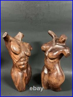 Pair Vintage Hand Carved Hard Wood Female And Male Nude Torso Body Sculpture