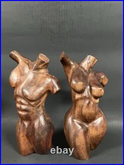Pair Vintage Hand Carved Hard Wood Female And Male Nude Torso Body Sculpture