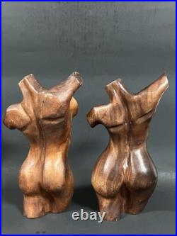 Pair Vintage Hand Carved Hard Wood Female And Male Nude Torso Body Sculpture