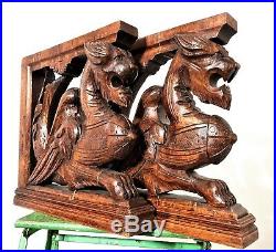 Pair architectural griffin corbel bracket Antique french salvaged wood carving