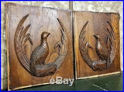 Pair bird hunting scene wood carving panel Antique french architectural salvage