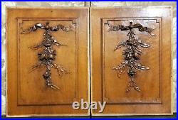 Pair bow flower garland wood carving panel Antique french architectural salvage