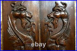 Pair dragon fire griffin wood carving panel Antique french architectural salvage