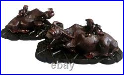 Pair of 19th Cen Chinese Boxwood Hand Carved Water Buffalo with Rider Glass Eyes
