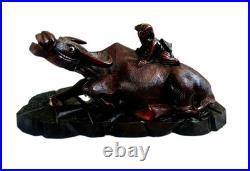 Pair of 19th Cen Chinese Boxwood Hand Carved Water Buffalo with Rider Glass Eyes