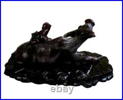 Pair of 19th Cen Chinese Boxwood Hand Carved Water Buffalo with Rider Glass Eyes
