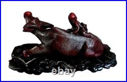 Pair of 19th Cen Chinese Boxwood Hand Carved Water Buffalo with Rider Glass Eyes