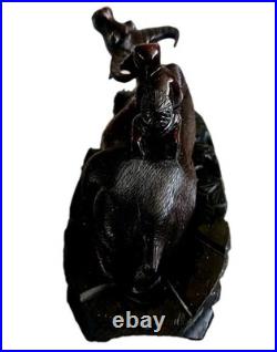 Pair of 19th Cen Chinese Boxwood Hand Carved Water Buffalo with Rider Glass Eyes