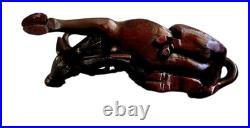 Pair of 19th Cen Chinese Boxwood Hand Carved Water Buffalo with Rider Glass Eyes