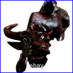 Pair of 19th Cen Chinese Boxwood Hand Carved Water Buffalo with Rider Glass Eyes