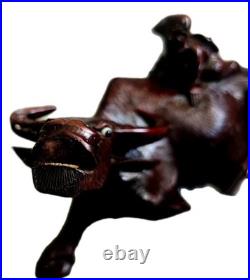 Pair of 19th Cen Chinese Boxwood Hand Carved Water Buffalo with Rider Glass Eyes