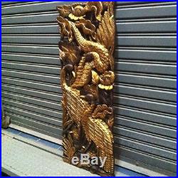 Pair of 35 Teak Wood Carving Wall Panel Gold-Colored Peacocks Hand Carved Art