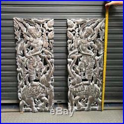 Pair of 35 Teak Wood Carving Wall Panel White Wash Hand Carved Angles Elephants