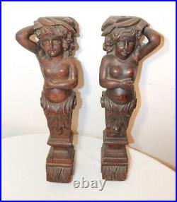 Pair of antique 1800's carved wood nude lady sculpture architectural salvage art