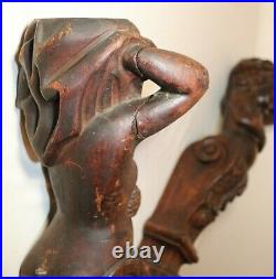 Pair of antique 1800's carved wood nude lady sculpture architectural salvage art