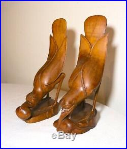Pair of detailed antique hand carved Asian Balinese wood bird sculpture statues