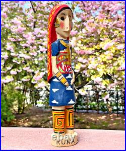 Panama KUNA Woman Indian Wood Doll Handmade Art Sculptured Female Very Rare 1998
