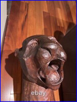 Pantera And Cub Wood Carving Sculpture? Brown 20th Century Large Heavy Pre-Owned