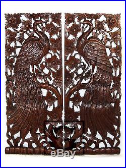 Peacock Tree Branch Wood Carving Home Wall Panel Mural Decor Art Statue FS gtahy