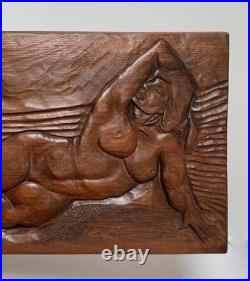 Peter Dekker Relief Carved Wood Panel Wall Hanging Reclining Nude Woman Signed