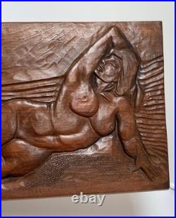 Peter Dekker Relief Carved Wood Panel Wall Hanging Reclining Nude Woman Signed