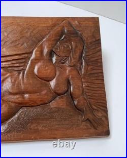 Peter Dekker Relief Carved Wood Panel Wall Hanging Reclining Nude Woman Signed