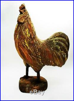 Polychrome Rooster. Americana Folk Art Antique Primitive Wood Carving