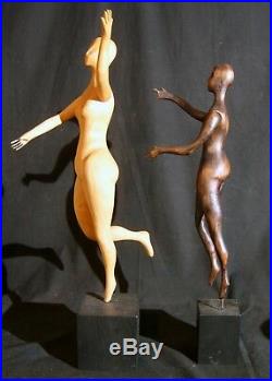 Pr. Rare Carolyn Rhoads Carved MCM Wood Sculptures Some Movable Limbs Signed