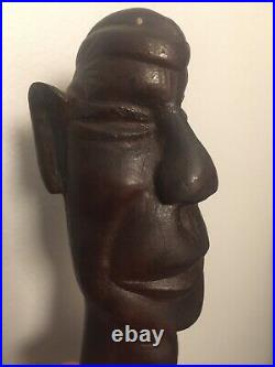Primitive Folk Art Wood Bust Carving Sculpture Man In Hat European Rapanui