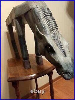 Primitive Folk Art Wood Zoomorphic Hand Carved & Painted Horse Stool Table Bench