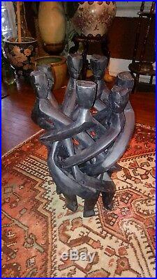 RARE! 7 Head Unity Sculpture African Carved Wood Circle Of Life Stand Ghana