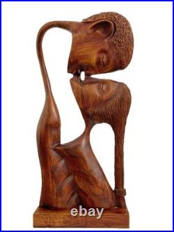 RARE Find Large Artist Signed Hand-Carved Wood Sculpture Kissing Couple
