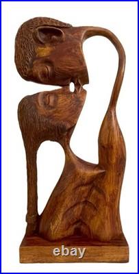 RARE Find Large Artist Signed Hand-Carved Wood Sculpture Kissing Couple