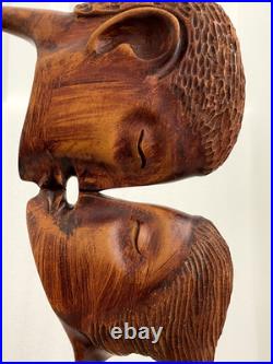 RARE Find Large Artist Signed Hand-Carved Wood Sculpture Kissing Couple