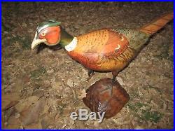 RARE Tom Taber Wood Carved Ringneck Pheasant Signed Early Decoy Sculpture Statue