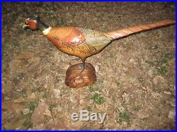 RARE Tom Taber Wood Carved Ringneck Pheasant Signed Early Decoy Sculpture Statue
