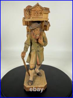 RARE Vintage ANRI Wood Carved Smoking Clock Peddler Sculpture Figurine 6