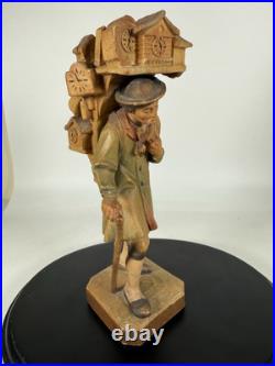 RARE Vintage ANRI Wood Carved Smoking Clock Peddler Sculpture Figurine 6