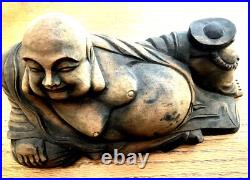 RECLINING BUDDAH Hand Carved Solid Wood Statue 12-EXCELLENT DETAIL- GREAT