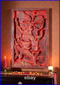 Rama Hanuman Cambodian Wood Panel Relief Red Finish Archer Dual Figure Motif 25