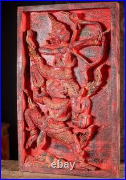 Rama Hanuman Cambodian Wood Panel Relief Red Finish Archer Dual Figure Motif 25