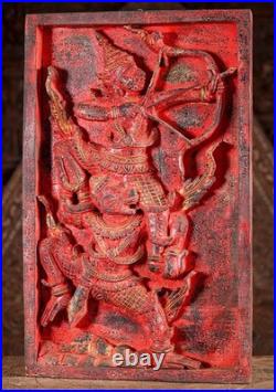 Rama Hanuman Cambodian Wood Panel Relief Red Finish Archer Dual Figure Motif 25