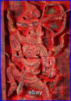 Rama Hanuman Cambodian Wood Panel Relief Red Finish Archer Dual Figure Motif 25