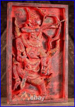 Rama Hanuman Cambodian Wood Panel Relief Red Finish Archer Dual Figure Motif 25