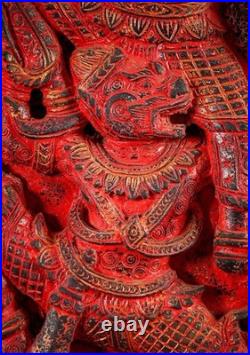Rama Hanuman Cambodian Wood Panel Relief Red Finish Archer Dual Figure Motif 25