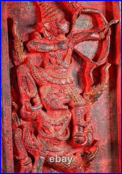 Rama Hanuman Cambodian Wood Panel Relief Red Finish Archer Dual Figure Motif 25