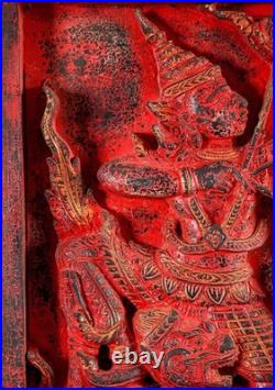 Rama Hanuman Cambodian Wood Panel Relief Red Finish Archer Dual Figure Motif 25