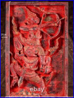 Rama Hanuman Cambodian Wood Panel Relief Red Finish Archer Dual Figure Motif 25