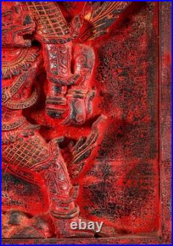 Rama Hanuman Cambodian Wood Panel Relief Red Finish Archer Dual Figure Motif 25