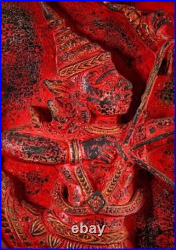 Rama Hanuman Cambodian Wood Panel Relief Red Finish Archer Dual Figure Motif 25